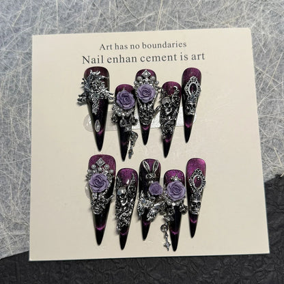 Y2K Punk Metal Bow Long Coffin Press-On Nails